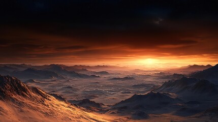 Naklejka premium Orange and Red Sunset Over a Snowy Mountain City at Night