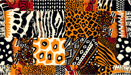 Abstract tribal pattern, wild animal skins patchwork, seamless vector fabric, African design, shirt, pillow, tablecloth, wallpaper, tribal prints, cloth, fabric pattern