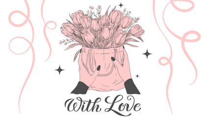 Tender postcard wish With love, hands holding a bouquet of tulips, gift. Layout for printing postcards, banners, congratulations. Vector graphics.