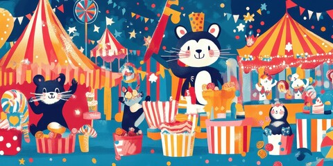 Cute cartoon animals are enjoying themselves at the circus