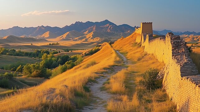 The sunset scenery of the ancient Great Wall