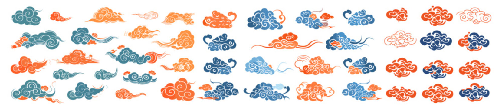 Asian cloud set, traditional cloudy ornaments, vector decoration elements, Chinese, Japanese, Korean style, oriental retro clouds, sky collection isolated on white, decorative symbols