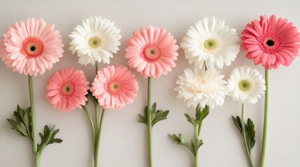 Obraz premium Elegant floral flat lay featuring pink and white gerbera daisies, gracefully positioned on a neutral background, open space allowing creative flexibility, ultra-realistic textures