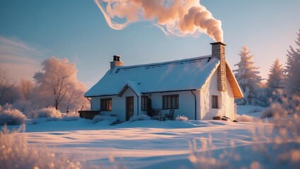 Cozy winter cottage surrounded by snow and frost with smoke curling from the chimney at sunrise