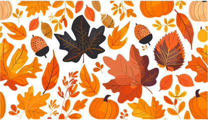 Vector illustration of autumn seamless pattern with pumpkins, acorns, plants, leaves, fall season, harvest theme, cozy background, Thanksgiving decor, botanical art, warm tones, nature-inspired
