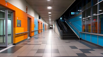 Brightly Lit Modern Hallway with Orange and Blue Walls