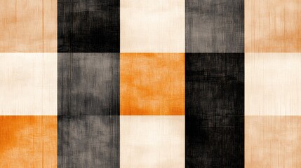 Fototapeta premium Rustic Gingham Texture Seamless Pattern in Black Orange Beige and Off-White Hues