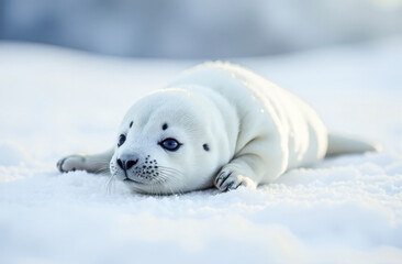 Obraz premium International Squirrel Protection Day. A small white seal puppy lies in the snow. research and caring for marine animals related to climate change