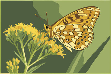  Macro photograph, delicate butterfly, golden brown wings, detailed wing patterns, perched on yellow flower, blurred green background, soft natural lighting, sharp focus on insect, shallow depth of 