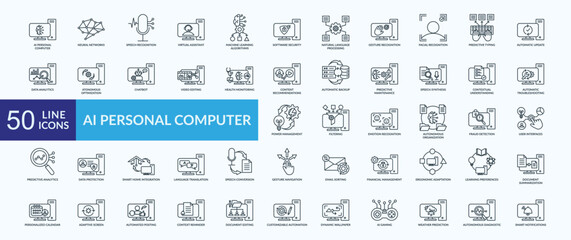 AI personal computer icon collection set with neural network, speech recognition, virtual assistant, gesture recognition, smart notifications
