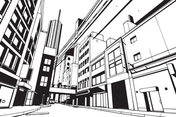 City landscape. Different buildings on street, outline cityscape hand sketch, flat houses. Hand drawn vector illustration