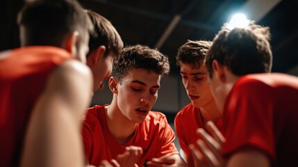 Four young men in red shirts are huddled together
