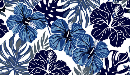 Tropical leaves, blue hibiscus flowers, vintage vector pattern, seamless wallpaper, botanical art, floral design, nature-inspired, retro theme © aura studio
