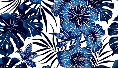 Seamless vector pattern, blue hibiscus flowers, tropical leaves, vintage wallpaper, botanical illustration, floral background, retro style, nature art © aura studio