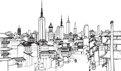 City landscape. Different buildings on street, outline cityscape hand sketch, flat houses. Hand drawn vector illustration