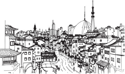 Obraz premium City landscape. Different buildings on street, outline cityscape hand sketch, flat houses. Hand drawn vector illustration