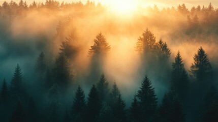 Fototapeta premium An aerial view of a foggy forest with the sun rising behind the trees, creating a mystical and ethereal atmosphere as the light filters through the mist.