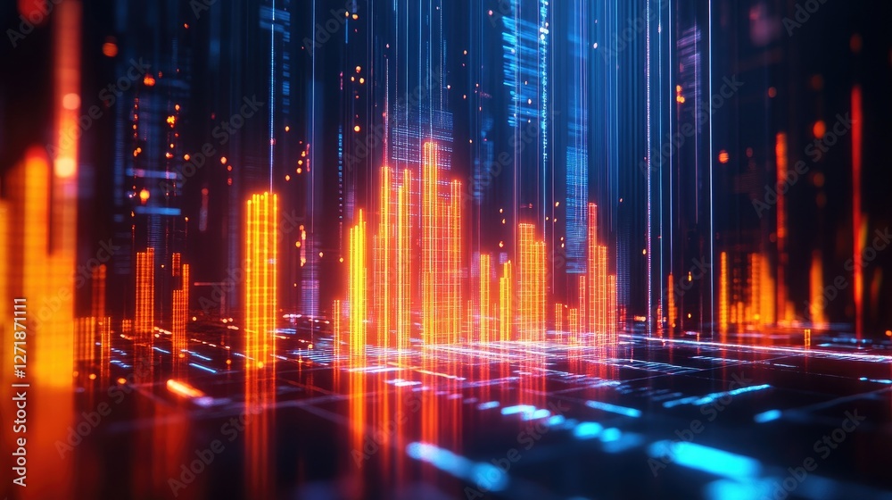 Poster an artistic representation of a d bar chart with glowing bars and dynamic lighting effects, emphasiz