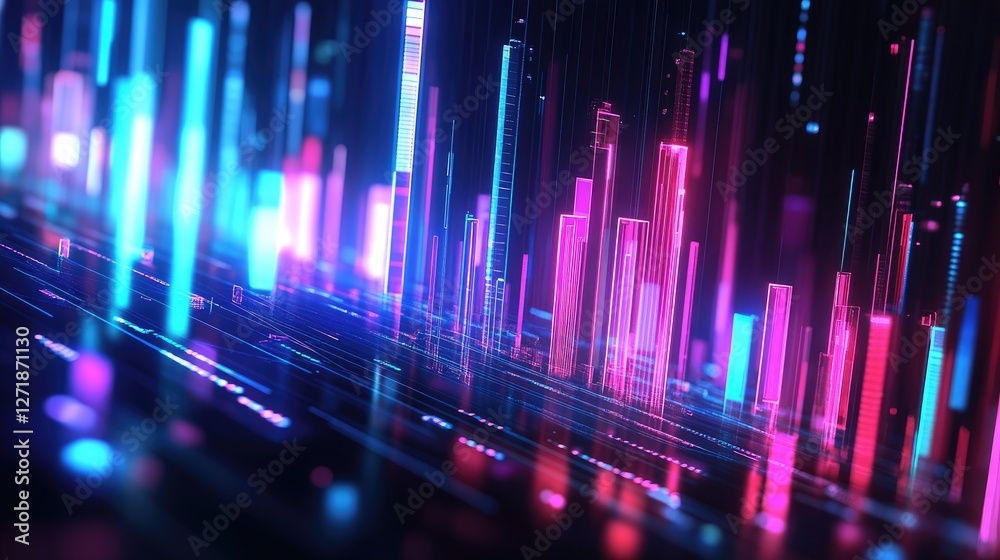 Poster an artistic representation of a d bar chart with glowing bars and dynamic lighting effects, emphasiz