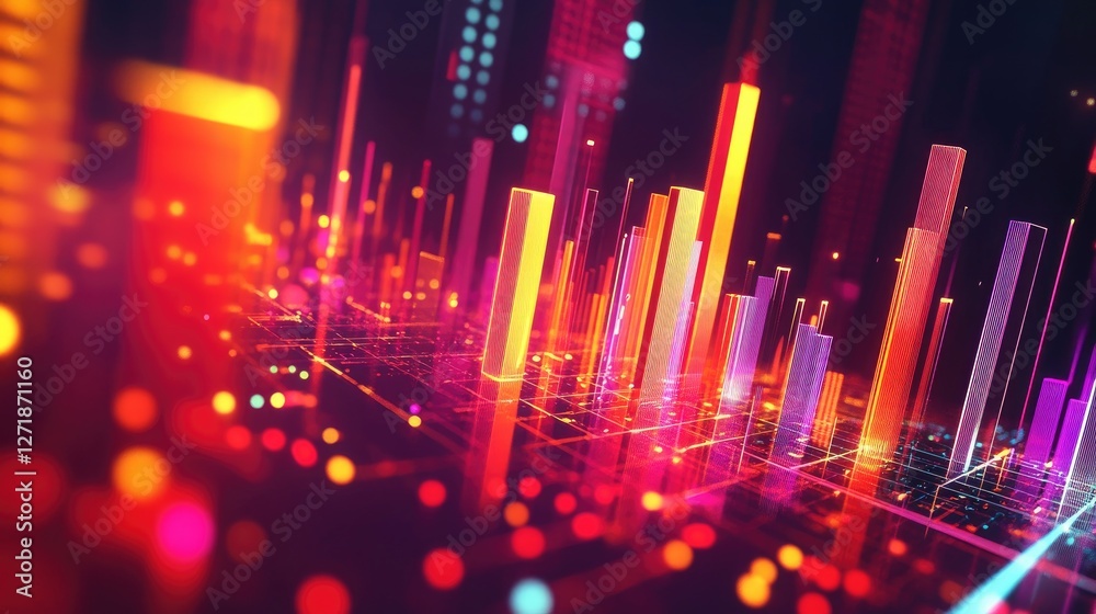 Poster an artistic representation of a d bar chart with glowing bars and dynamic lighting effects, emphasiz