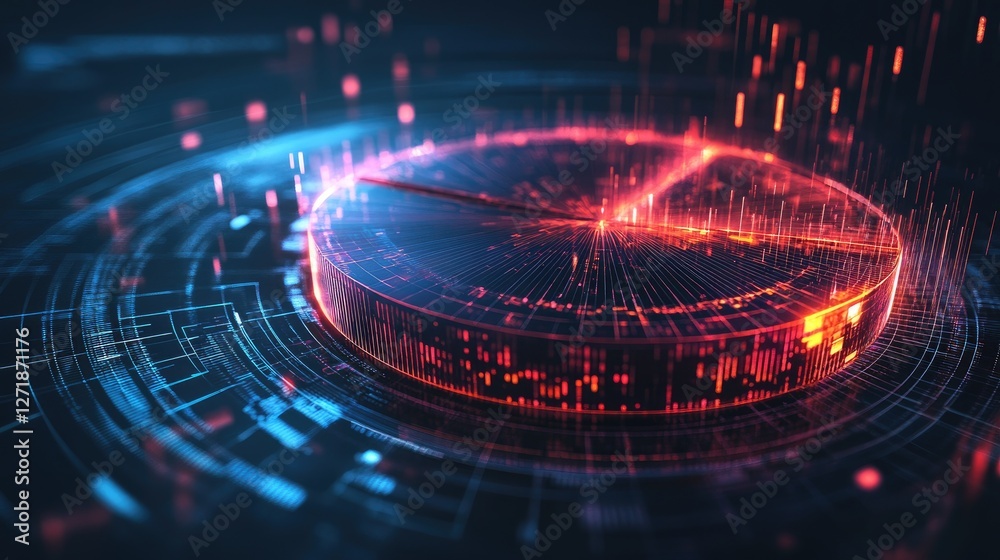 Poster an artistic representation of a d pie chart with glowing, semi-transparent segments and dynamic ligh
