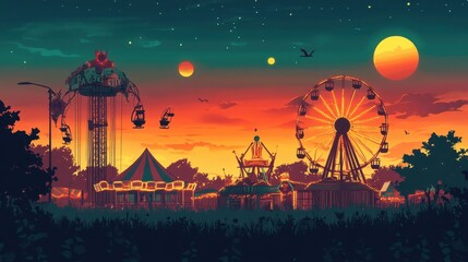 Whimsical amusement park glows warmly beneath a colorful sunset sky