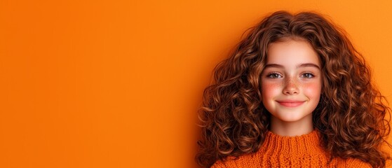 Joyful Young Girl with Curly Auburn Hair and an Orange Knit Sweater Smiling Against a Bright Orange Background