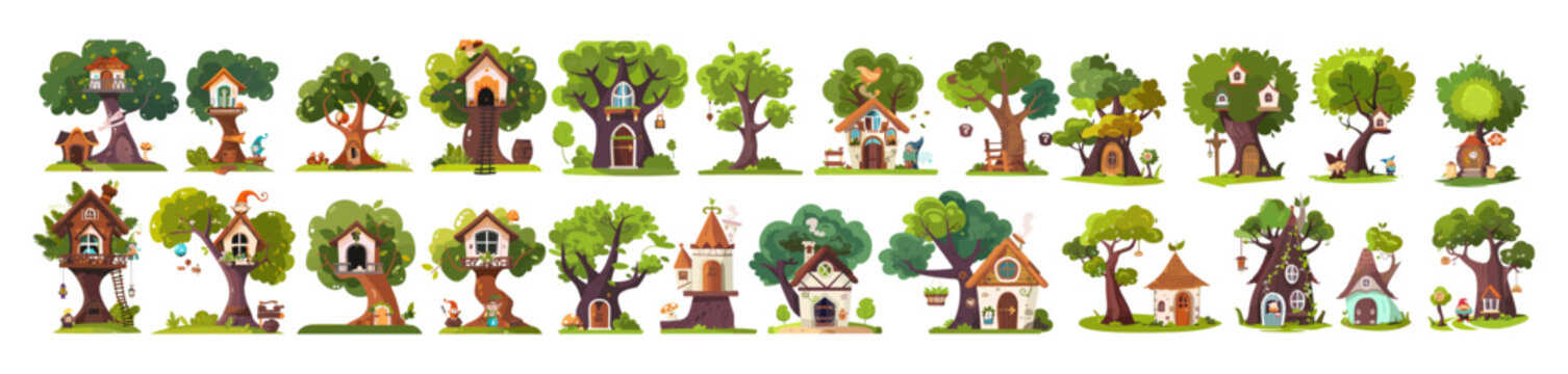 Cartoon fantasy tree houses for kids, fairytale forest buildings with windows, doors, gnome, dwarf, elf isolated set, fun games, activities, white background, vector illustration
