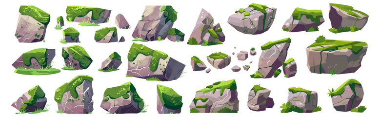 Cartoon vector illustration of moss-covered stones, granite blocks, hard rock lumps, green forest lichens, solid mountain debris, rocky cobbles isolated on white background