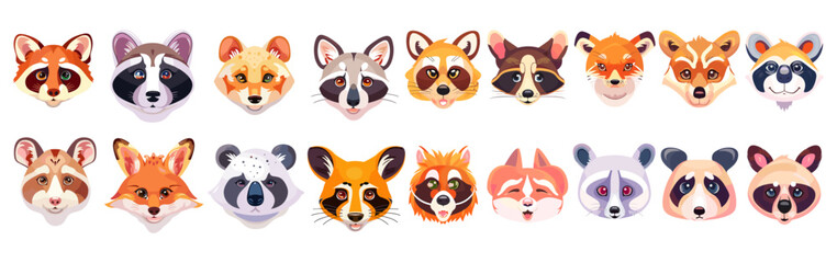 Cartoon animal face masks for selfie, video chat, pet heads, cat, dog, fox, raccoon, rabbit, lion, koala, mouse, giraffe, mobile app, social media