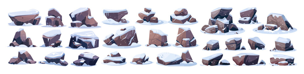 Cartoon vector illustration of snow-covered granite boulders, rocky cobbles, solid mountain debris, winter hard rock lumps, natural geological materials, game UI assets © aura studio