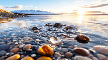 Obraz premium Serene Coastal Sunset Landscape with Smooth Stones and Snowy Mountains in the Background