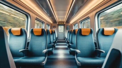 Fototapeta premium An interior view of a modern train carriage, featuring comfortable seating and clean design, illustrating the convenience and comfort of contemporary rail travel.