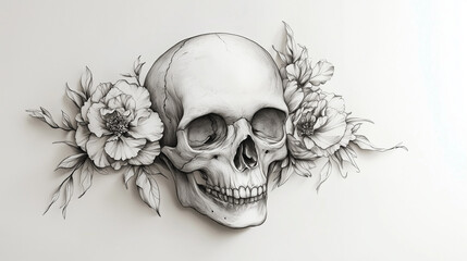 Detailed illustration of a skull adorned with elegant floral designs on a light background