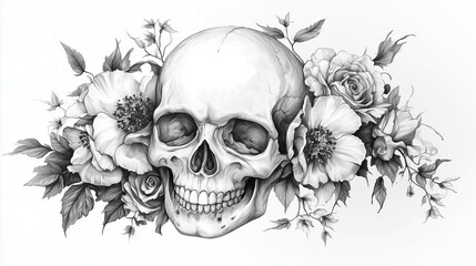 Detailed black and white illustration of a skull surrounded by various flowers and foliage in an artistic composition