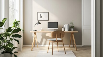 An inviting Nordic home office with a minimal desk, ergonomic chair, and natural materials, emphasizing functionality and a calm, uncluttered workspace.