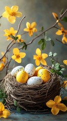 Obraz premium Colorful spring nest with decorated eggs and bright flowers captured in soft light, enhancing the essence of the season
