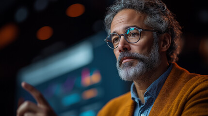 Professional man analyzing data trends in a modern workspace during the evening