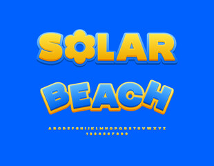 Vector Summer flyer Solar Beach with Decorative Sun. Modern Cute Font. Sunny Yellow Alphabet Letters and Numbers set