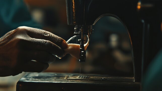 Hands guiding fabric under sewing machine needle close-up