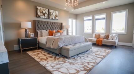 Obraz premium A chic bedroom with a contemporary design, showcasing a statement headboard, decorative throw pillows, and a stylish rug on the floor.