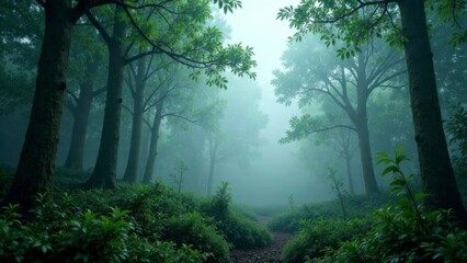 Obraz premium A forest with trees and a foggy sky. The trees are tall and green, and the sky is cloudy. Scene is peaceful and serene, as the forest is quiet and calm