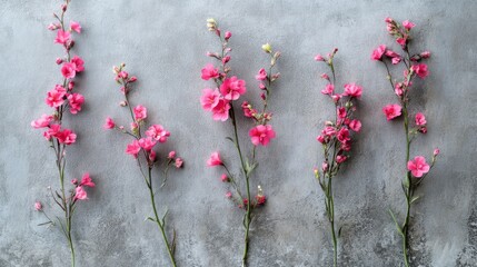 Several sprigs of pink blossoms are presented against gray backdrop