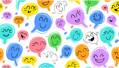 Naklejka premium Multi-color rainbow cartoon text balloon, groovy children doodle style, colorful chat bubble seamless pattern, vector illustration, teamwork background concept.