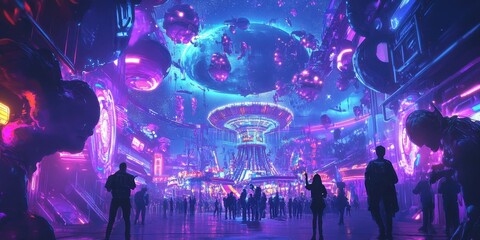 Crowd gathers beneath a vibrant futuristic city center scene