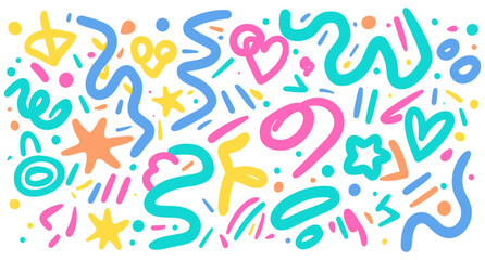 Abstract squiggly lines, colorful doodle swirls, hand-drawn shapes, freeform strokes, children celebration art, white background.