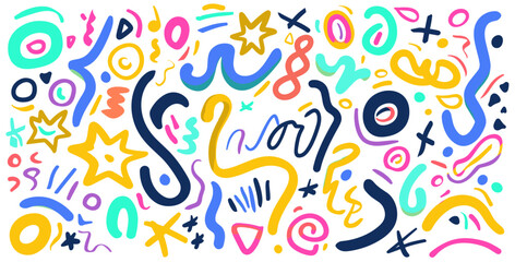 Obraz premium Abstract squiggly lines, colorful doodle swirls, hand-drawn shapes, freeform strokes, children party celebration, trendy design, white background.