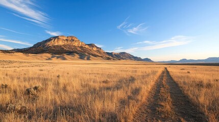 Fototapeta premium Golden Grasslands and Rugged Mountains Under a Blue Sky