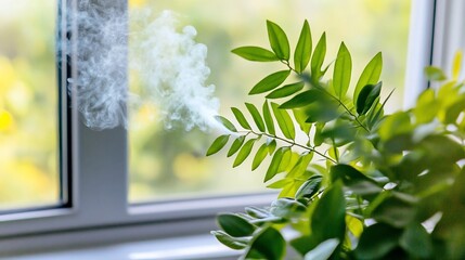 Obraz premium Indoor plant misting, window background, home humidity