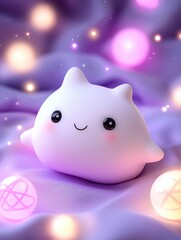 Cute, whimsical character with a joyful expression on a dreamy background.